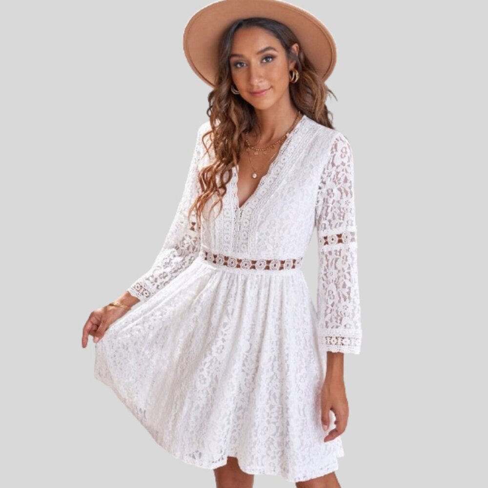 Lace V Neck See-Through 3/4 Sleeve Flower Pattern Mini Dress - Color White